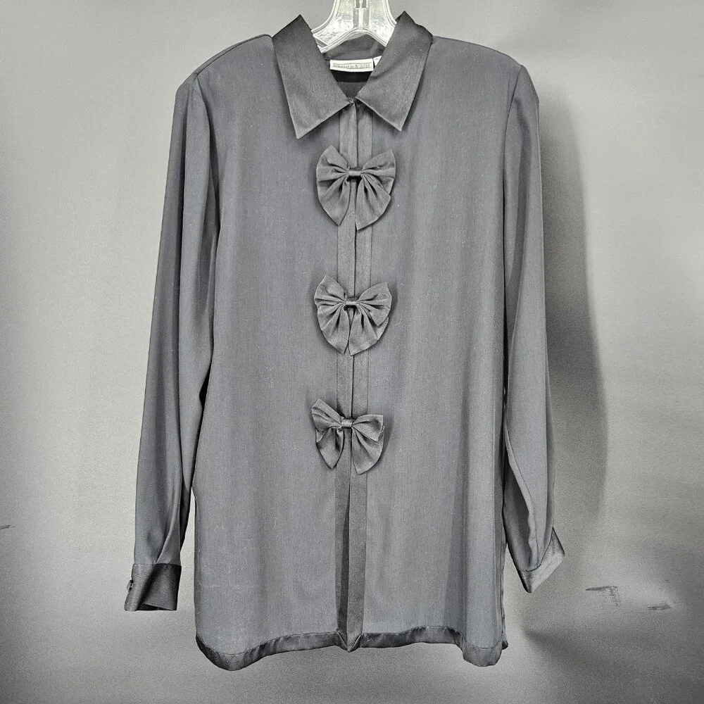 Vintage Christie and Jill Shirt Blouse Women Medium Black Bow Satin Trim 90s NEW - Picture 2 of 10